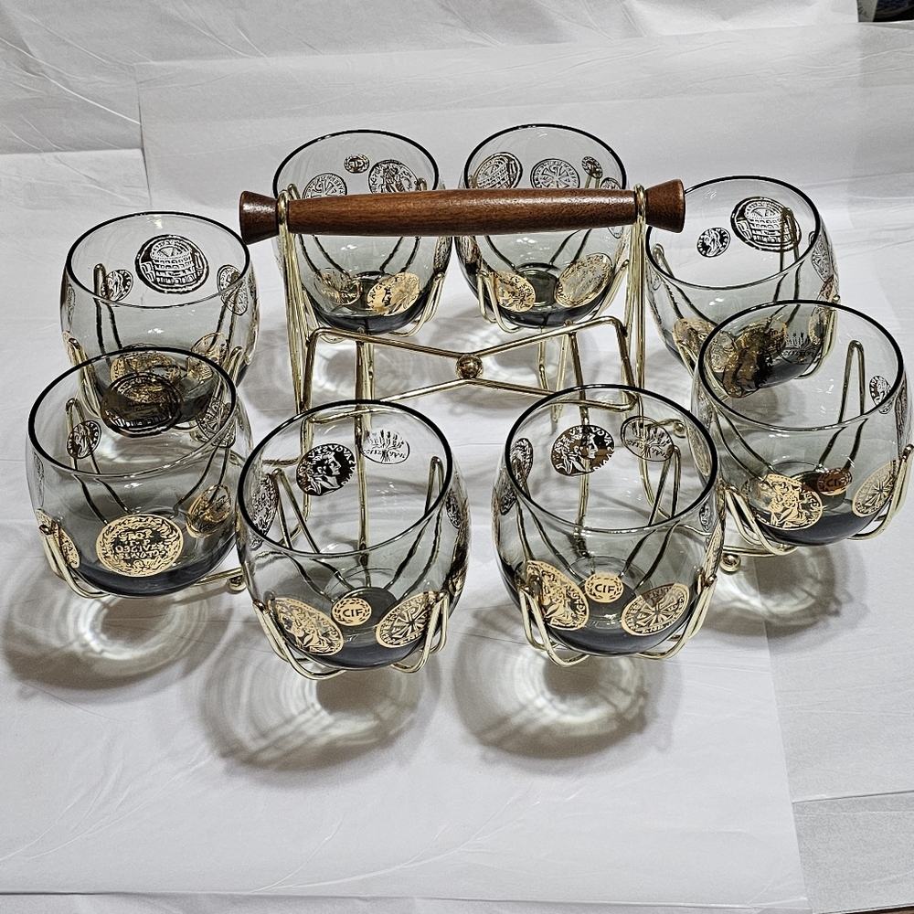 9 Piece, Roly Poly Roman Coin, 22-karat Embelished, Lowball Glass/Caddy Set